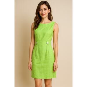 Antonio Melani Green Sheath Dress Size 6 Linen Blend Sleeveless Button Waist